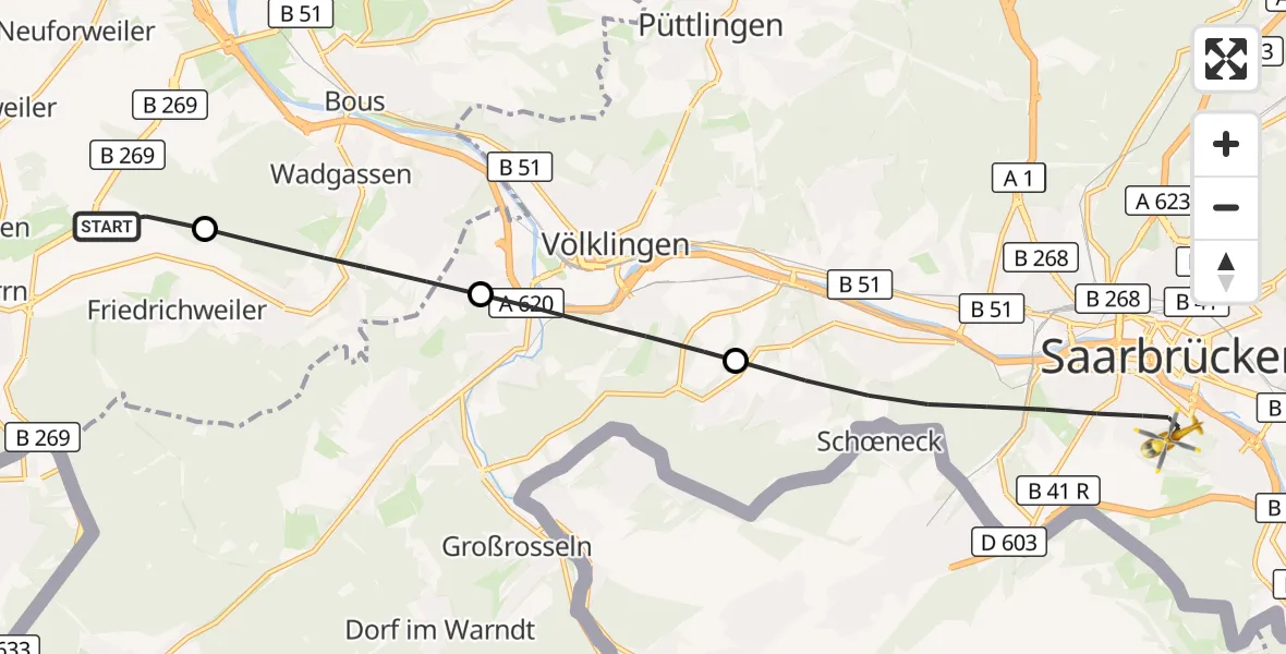 Flugroute Rettungshubschrauber Überherrn - Saarbrücken, 01 September 2026, 12:14