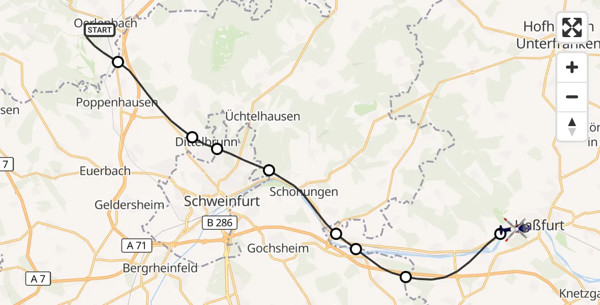 Flugroute Polizeihubschrauber Oerlenbach - Haßfurt, 01 September 2026, 12:18