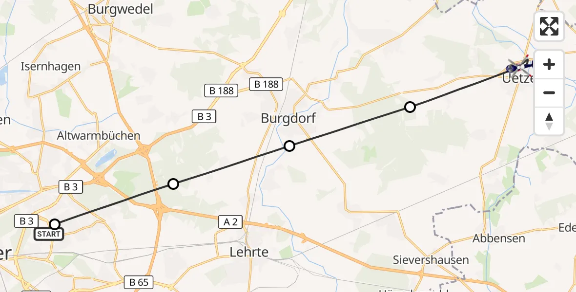 Flugroute Polizeihubschrauber Hannover Luftrettung Hubschrauberlandeplatz (Christoph 4) - Uetze, 01 September 2026, 12:21