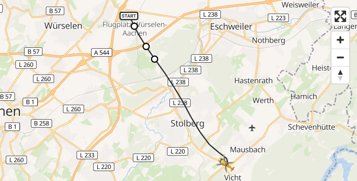 Flugroute Rettungshubschrauber Aachen-Merzbrück Flughafen - Stolberg (Rhld.), 01 September 2026, 12:23