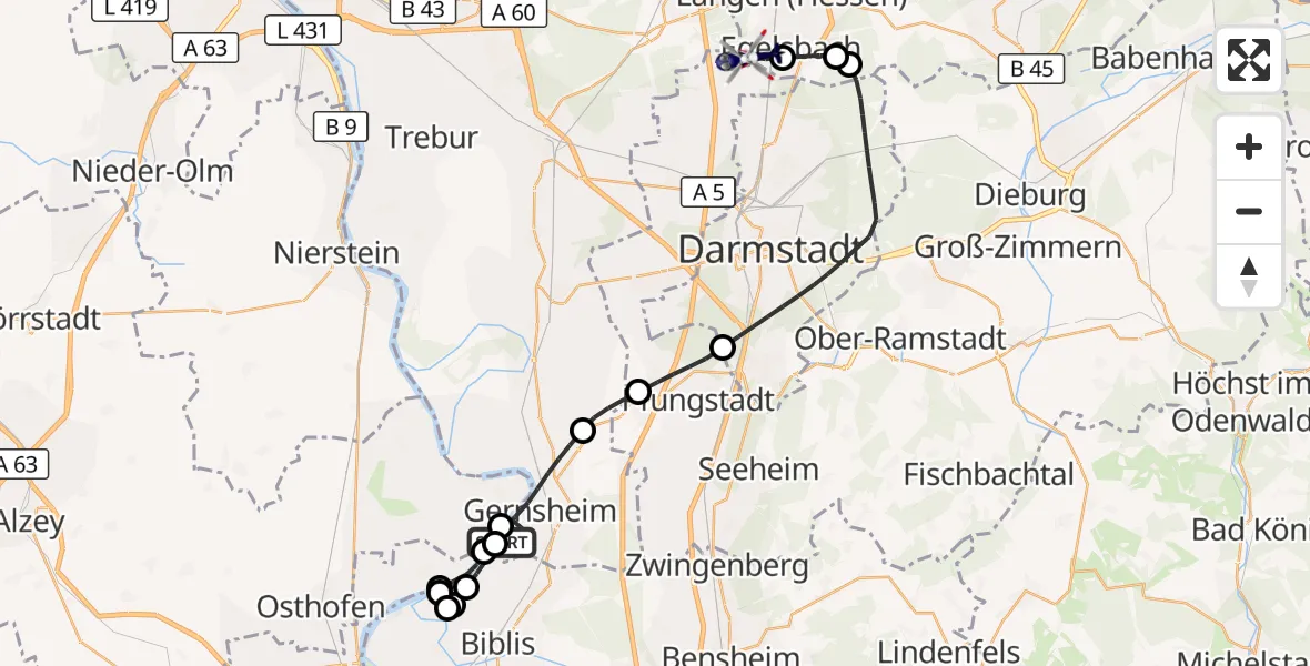 Flugroute Polizeihubschrauber Gernsheim - Flughafen Frankfurt-Egelsbach, 01 September 2026, 12:31