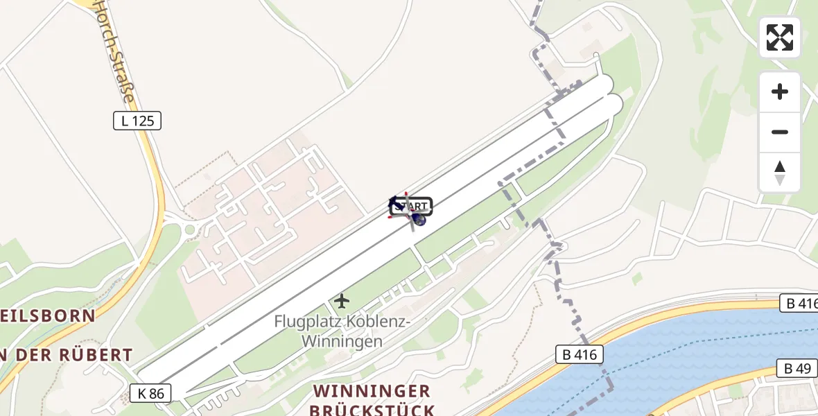 Flugroute Polizeihubschrauber Koblenz-Winningen Flugplatz - Koblenz-Winningen Flugplatz, 01 September 2026, 12:40