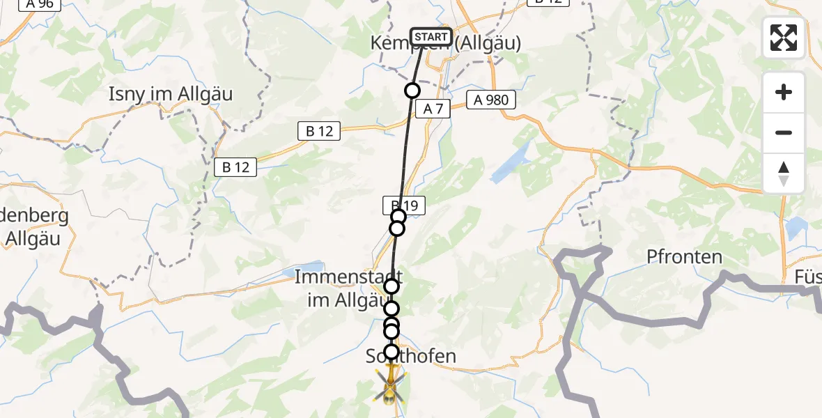 Flugroute Rettungshubschrauber Kempten (Allgäu) - Ofterschwang, 01 September 2026, 12:41