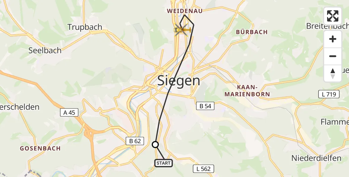 Flugroute Rettungshubschrauber Evangelisches Jung-Stilling Hospital - Siegen, 01 September 2026, 12:48