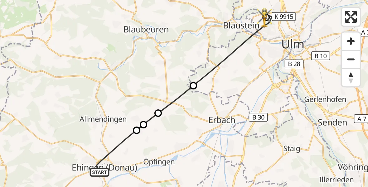 Flugroute Rettungshubschrauber Ehingen (Donau) - Ulm Military Hospital Emergency Hubschrauberlandeplatz, 01 September 2026, 12:53