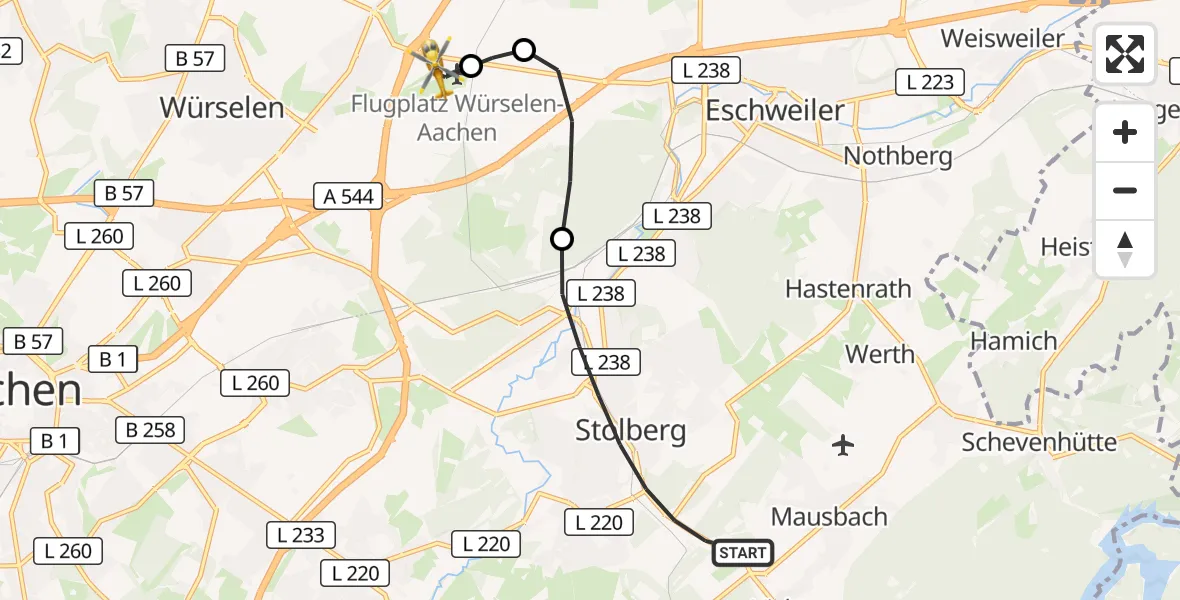 Flugroute Rettungshubschrauber Stolberg (Rhld.) - Aachen-Merzbrück Flughafen, 01 September 2026, 12:56