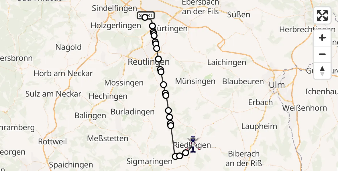 Flugroute Polizeihubschrauber Flughafen Stuttgart - Riedlingen, 01 September 2026, 12:59