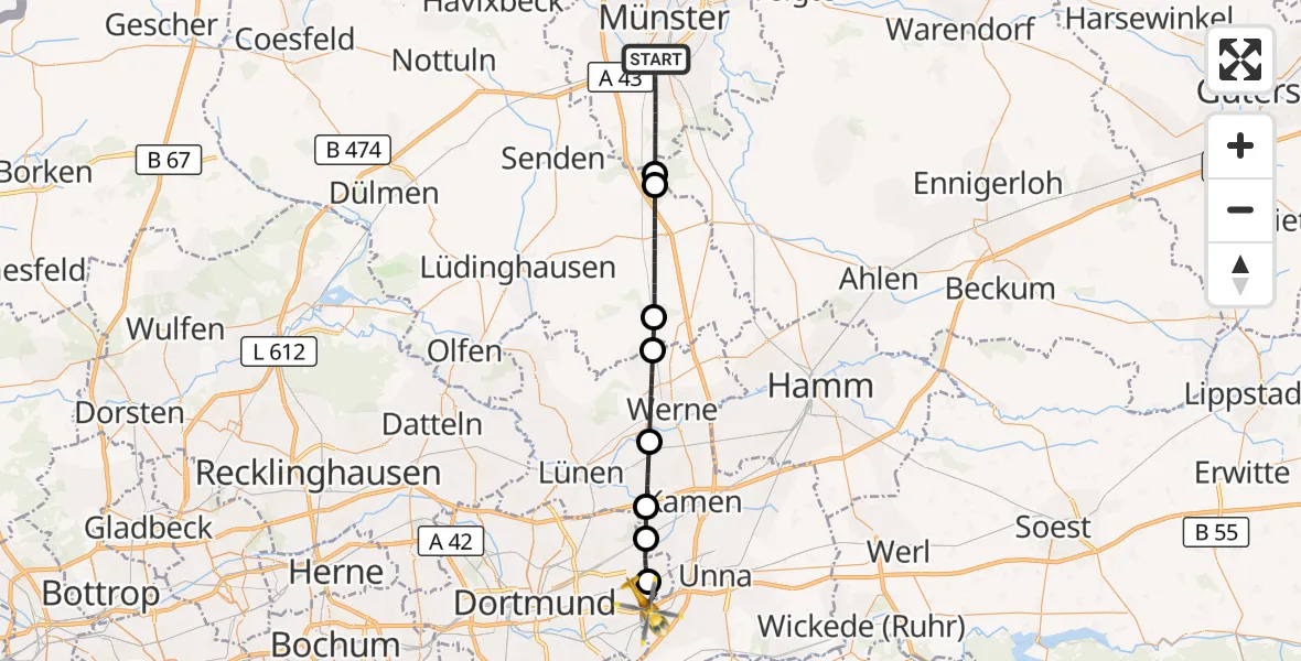 Flugroute Rettungshubschrauber Münster - Dortmund Flughafen, 01 September 2026, 13:00