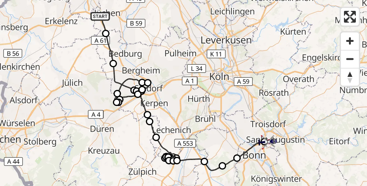 Flugroute Polizeihubschrauber Jüchen - Sankt Augustin, 01 September 2026, 13:02