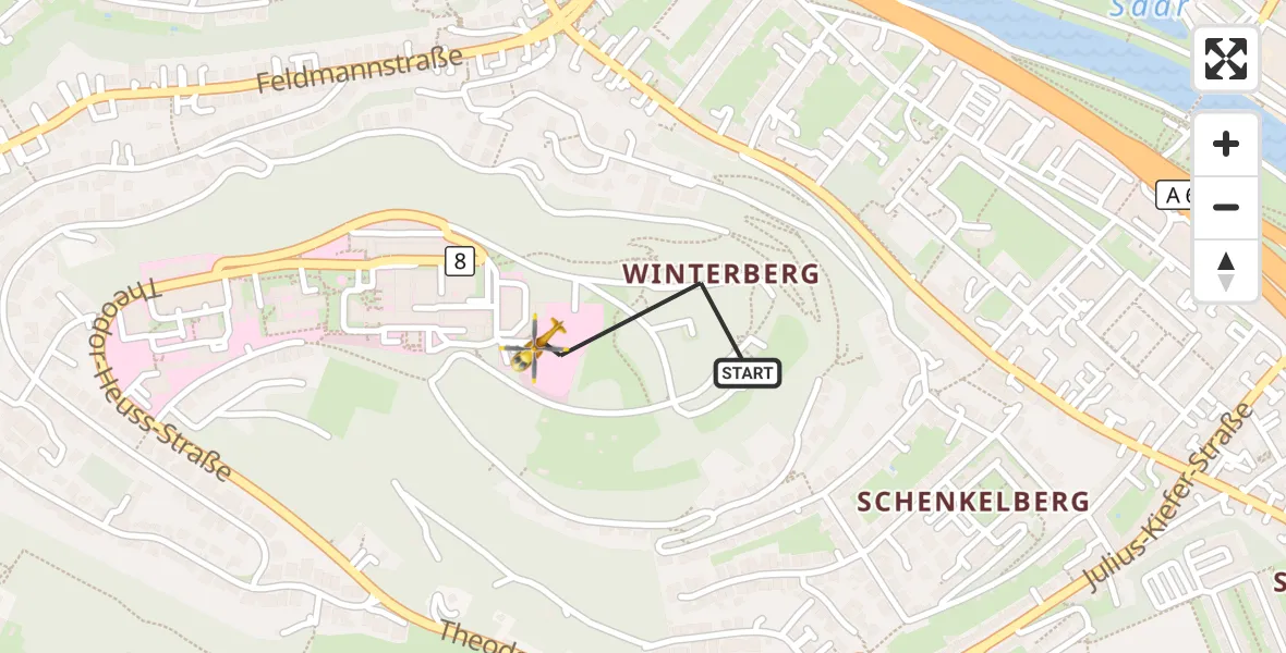 Flugroute Rettungshubschrauber Saarbrücken - Saarbrücken, 01 September 2026, 13:03