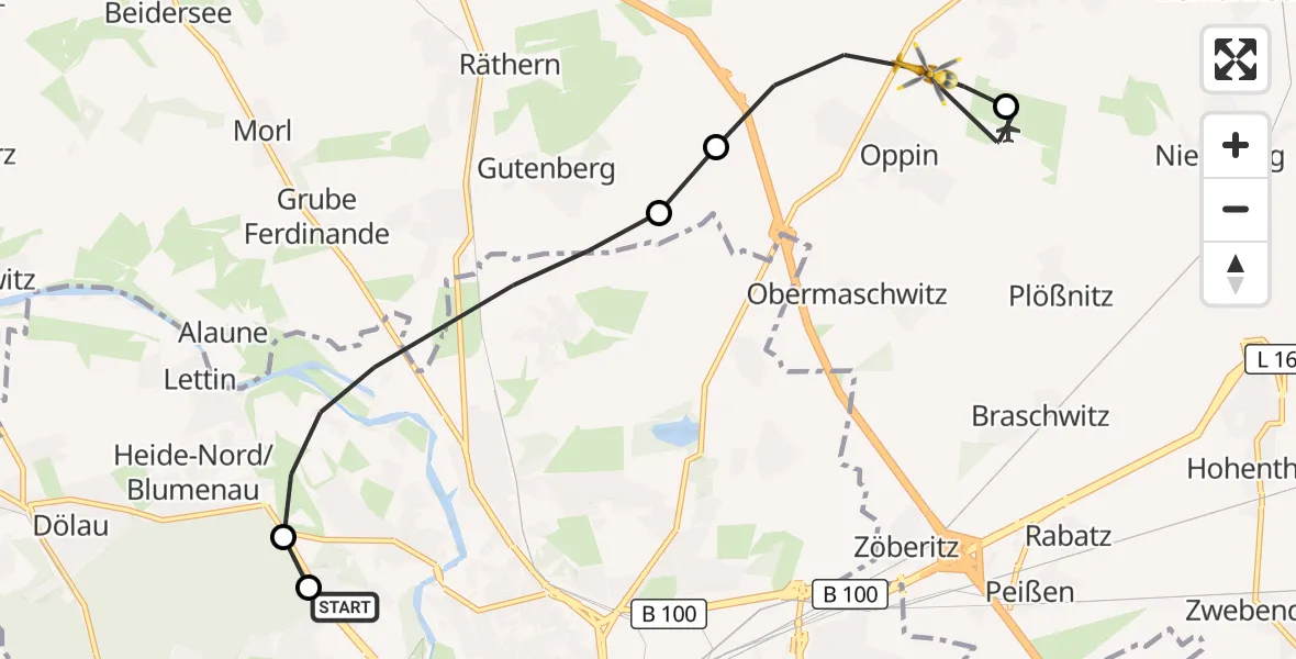 Flugroute Rettungshubschrauber Halle (Saale) University Hospital - Landsberg, 01 September 2026, 13:07