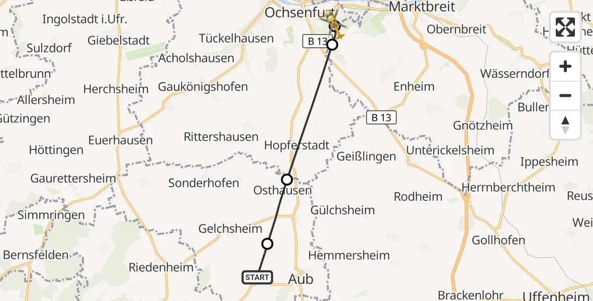 Flugroute Rettungshubschrauber Aub - Ochsenfurt Hospital, 01 September 2026, 13:10