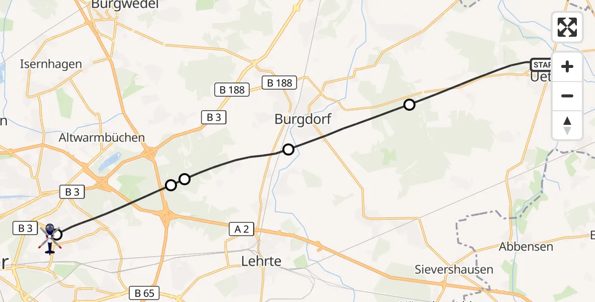 Flugroute Polizeihubschrauber Uetze - Hannover Luftrettung Hubschrauberlandeplatz (Christoph 4), 01 September 2026, 13:21