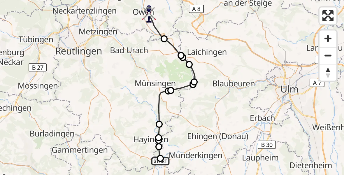 Flugroute Polizeihubschrauber Riedlingen - Lenningen, 01 September 2026, 13:25