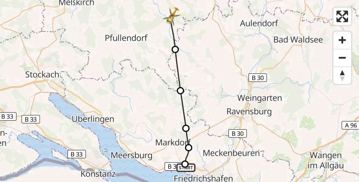 Flugroute Rettungshubschrauber Friedrichshafen Hospital - Ostrach, 01 September 2026, 13:27