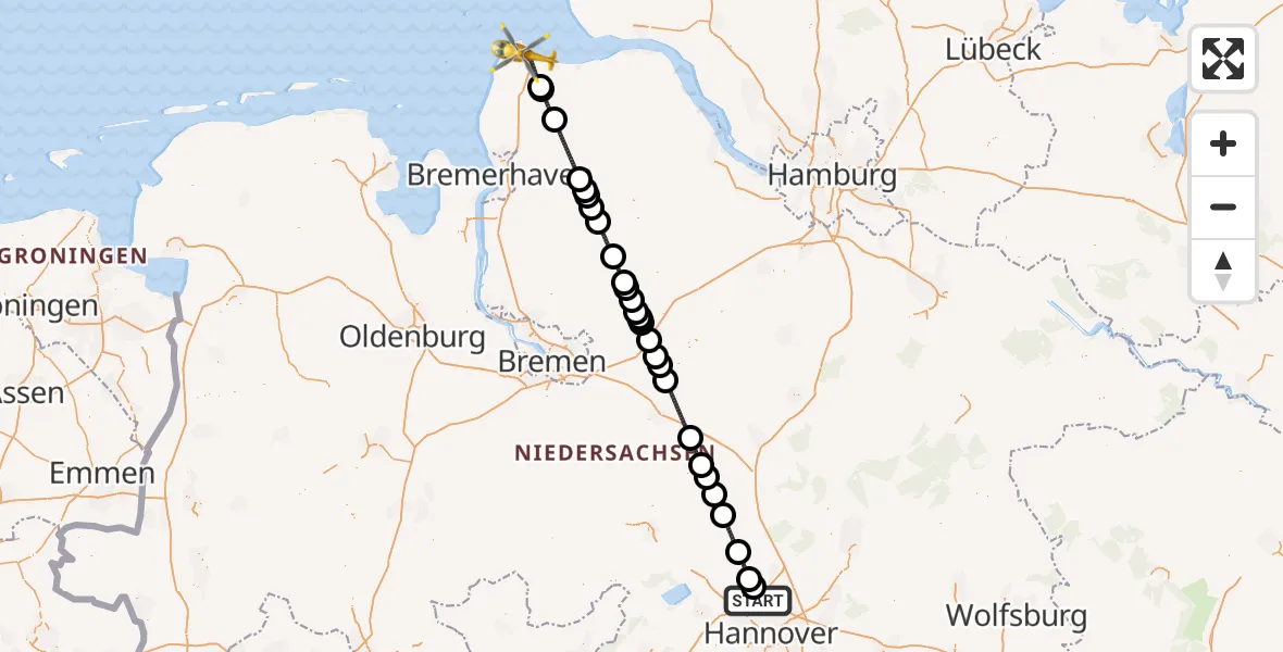Flugroute Rettungshubschrauber Flughafen Hannover - Cuxhaven, 01 September 2026, 13:33