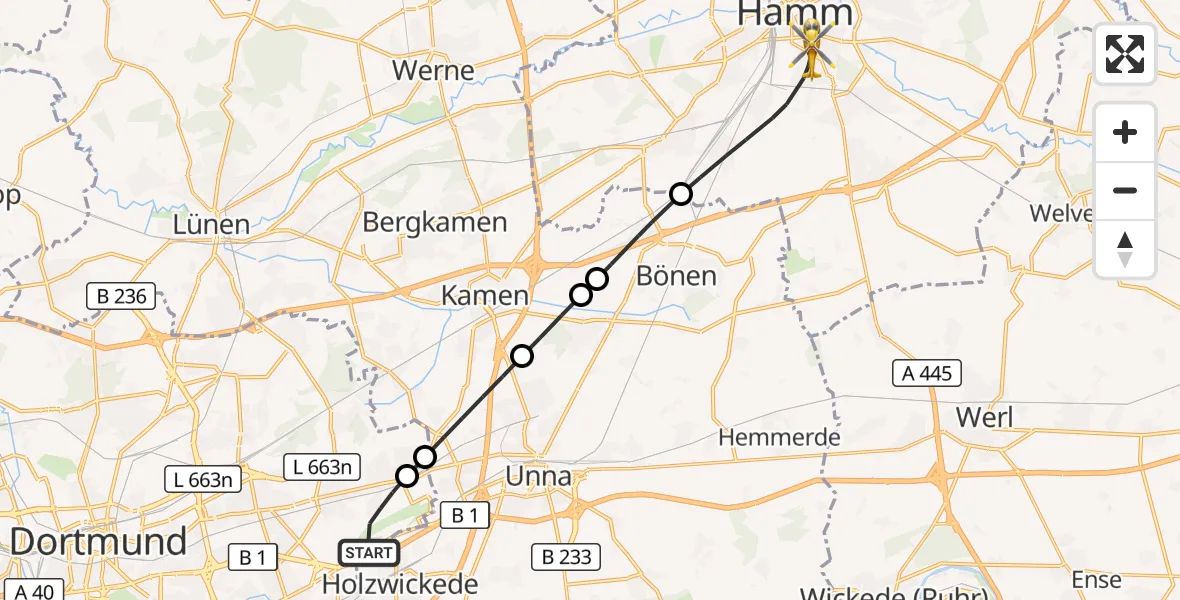 Flugroute Rettungshubschrauber Dortmund Flughafen - Hamm, 01 September 2026, 13:33