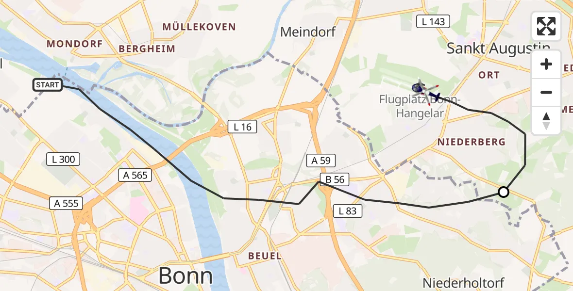 Flugroute Polizeihubschrauber Bonn - Bonn-Hangelar Flugplatz, 01 September 2026, 13:36