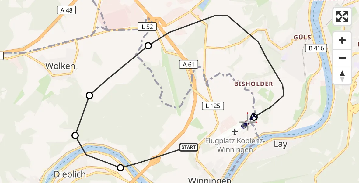 Flugroute Polizeihubschrauber Winningen - Koblenz-Winningen Flugplatz, 01 September 2026, 13:36