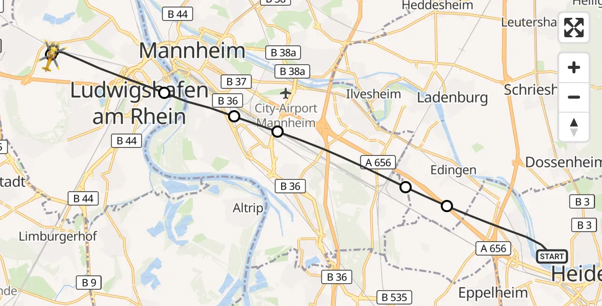 Flugroute Rettungshubschrauber Heidelberg - Ludwigshafen Accident Hospital, 01 September 2026, 13:42