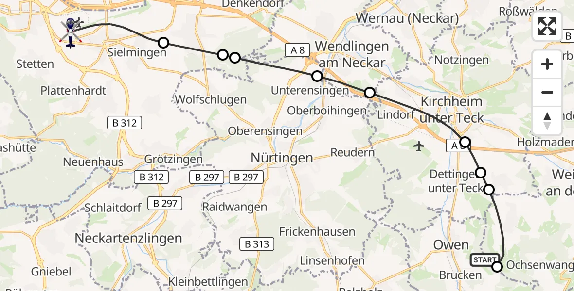 Flugroute Polizeihubschrauber Lenningen - Flughafen Stuttgart, 01 September 2026, 13:43