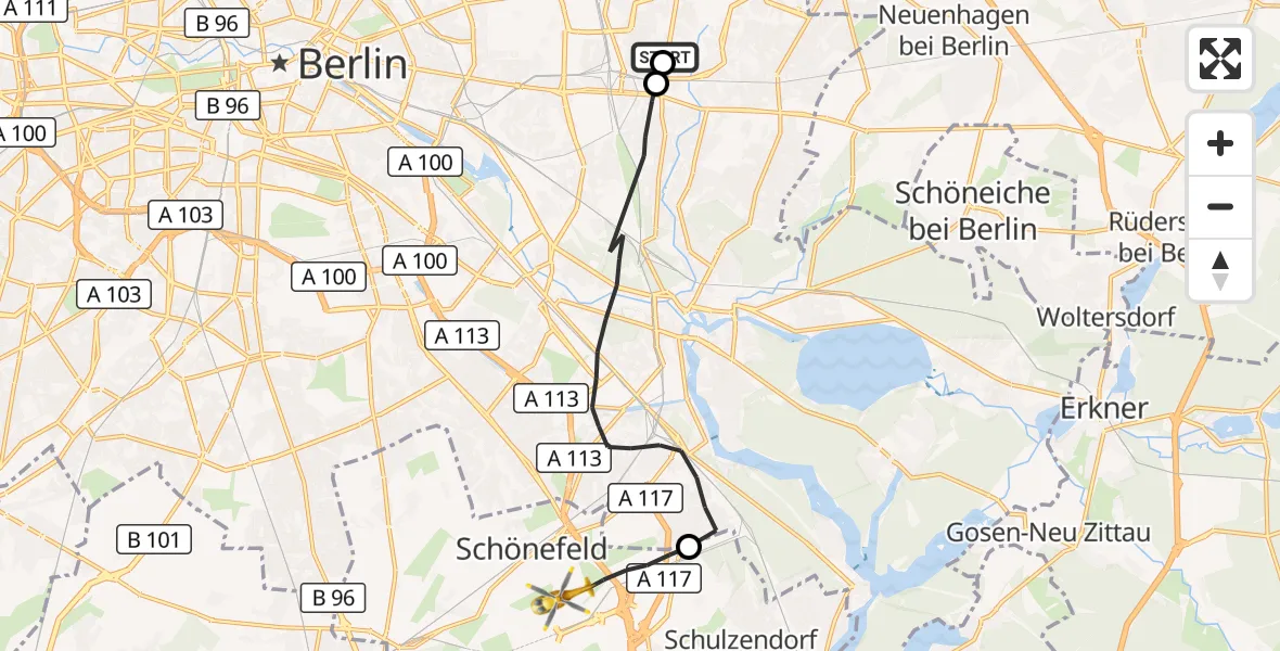 Flugroute Rettungshubschrauber Berlin Emergency Hospital - Schönefeld, 01 September 2026, 13:43