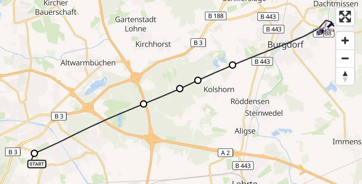 Flugroute Polizeihubschrauber Hannover Luftrettung Hubschrauberlandeplatz (Christoph 4) - Burgdorf, 01 September 2026, 13:44