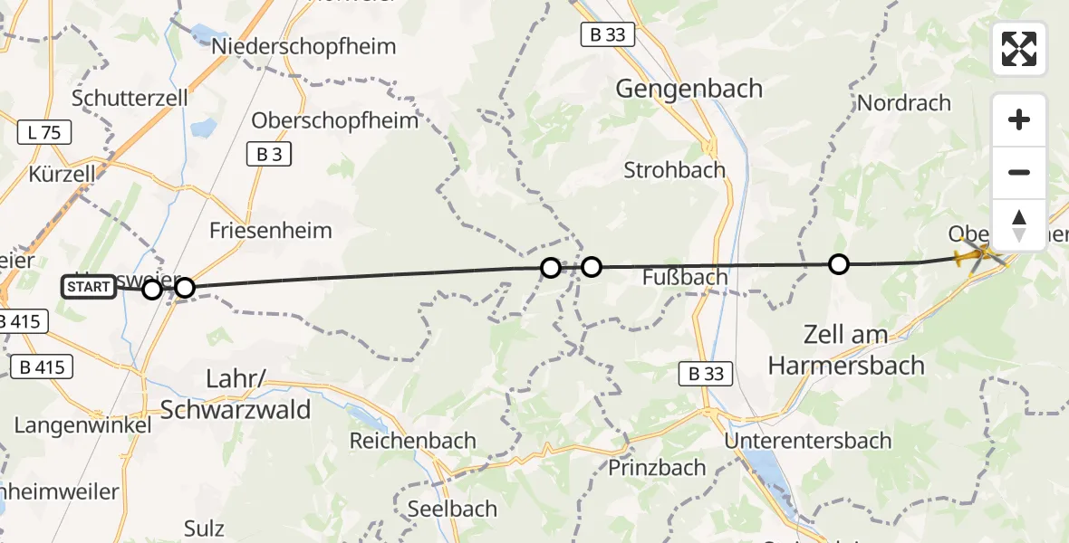 Flugroute Rettungshubschrauber Lahr Flughafen - Zell am Harmersbach, 01 September 2026, 13:44