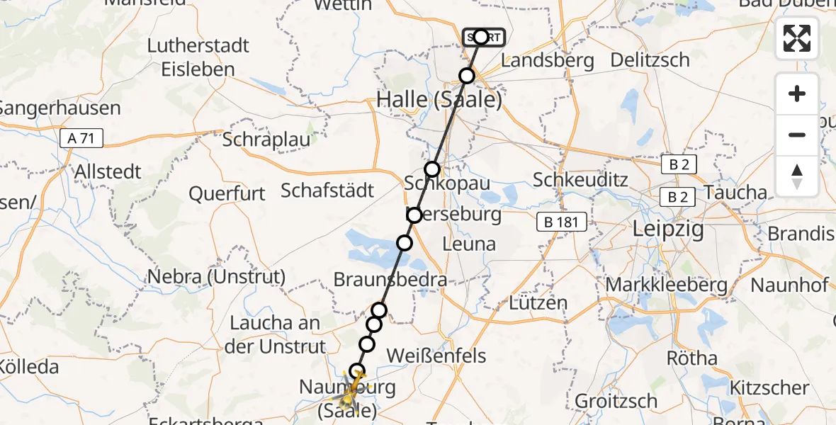 Flugroute Rettungshubschrauber Halle-Oppin Flugplatz - Naumburg Krankenhaus Hubschrauberlandeplatz, 01 September 2026, 13:52