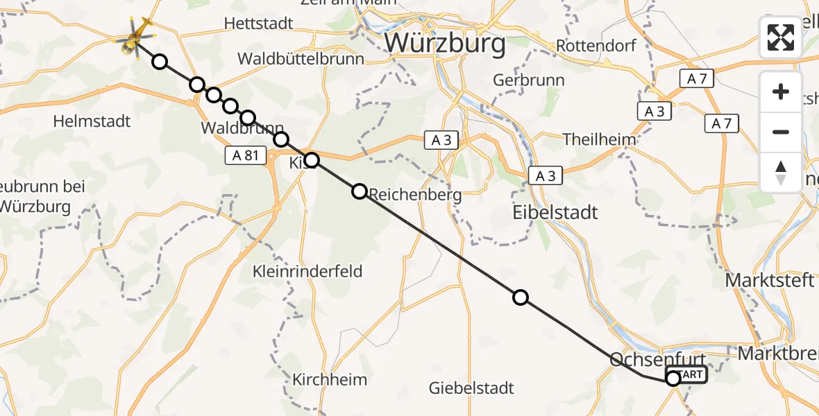 Flugroute Rettungshubschrauber Ochsenfurt Hospital - Uettingen, 01 September 2026, 13:58