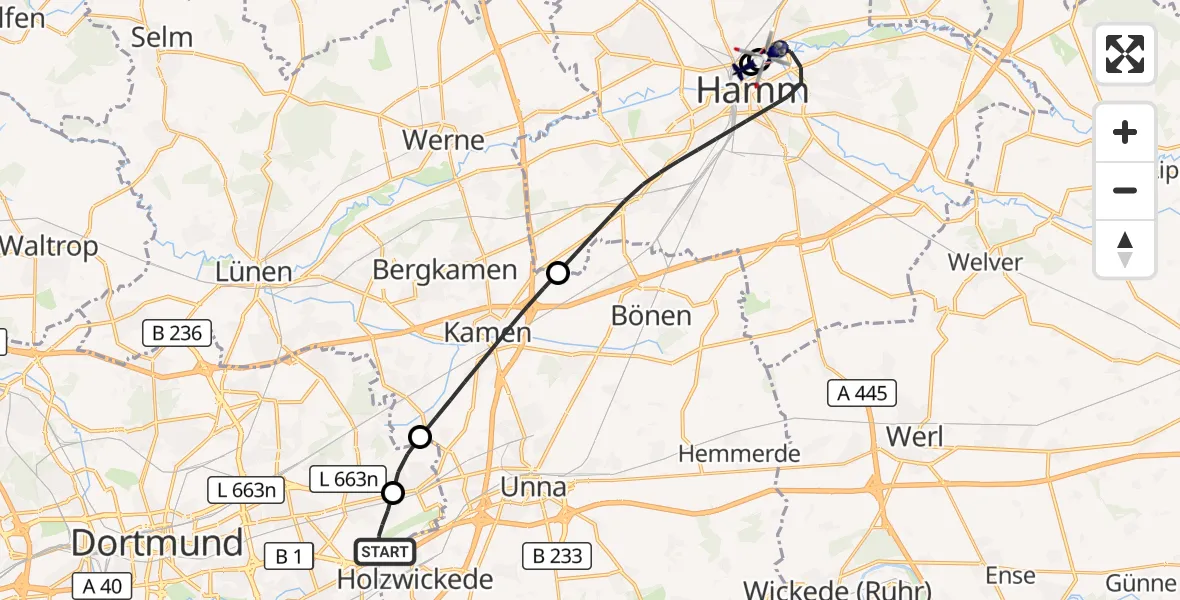 Flugroute Polizeihubschrauber Dortmund Flughafen - Hamm, 01 September 2026, 14:04
