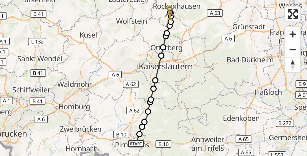 Flugroute Rettungshubschrauber Pirmasens - Rockenhausen, 01 September 2026, 14:05