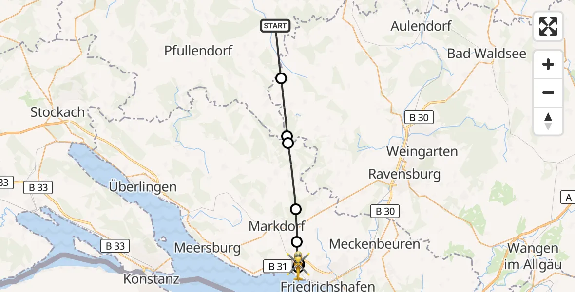 Flugroute Rettungshubschrauber Ostrach - Friedrichshafen Hospital, 01 September 2026, 14:07