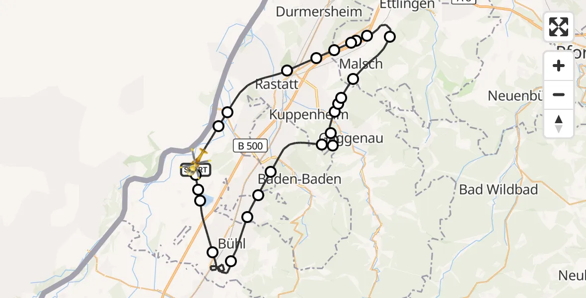 Flugroute Rettungshubschrauber Karlsruhe Baden-Baden Flughafen - Karlsruhe Baden-Baden Flughafen, 01 September 2026, 14:09