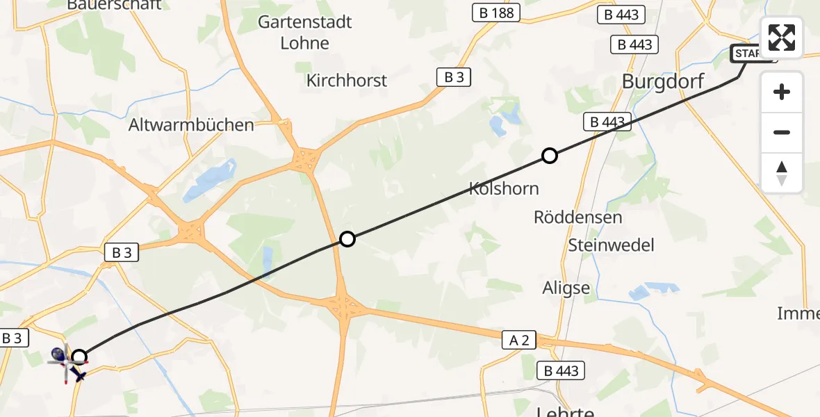 Flugroute Polizeihubschrauber Burgdorf - Hannover Luftrettung Hubschrauberlandeplatz (Christoph 4), 01 September 2026, 14:13