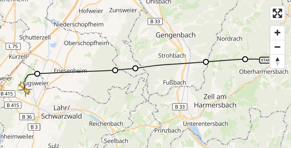 Flugroute Rettungshubschrauber Oberharmersbach - Lahr Flughafen, 01 September 2026, 14:20