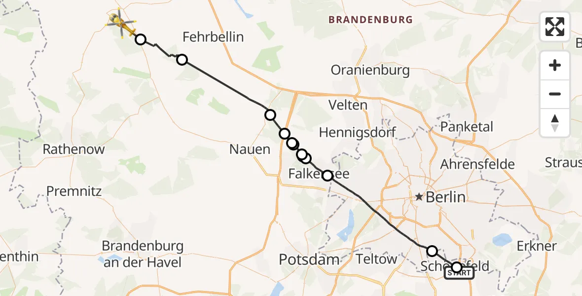 Flugroute Rettungshubschrauber Berlin-Schönefeld Flughafen - Neustadt (Dosse), 01 September 2026, 14:32