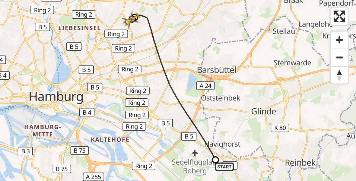 Flugroute Rettungshubschrauber Christoph Hansa ADAC Hubschrauberlandeplatz - Hamburg Military Hospital, 01 September 2026, 14:34