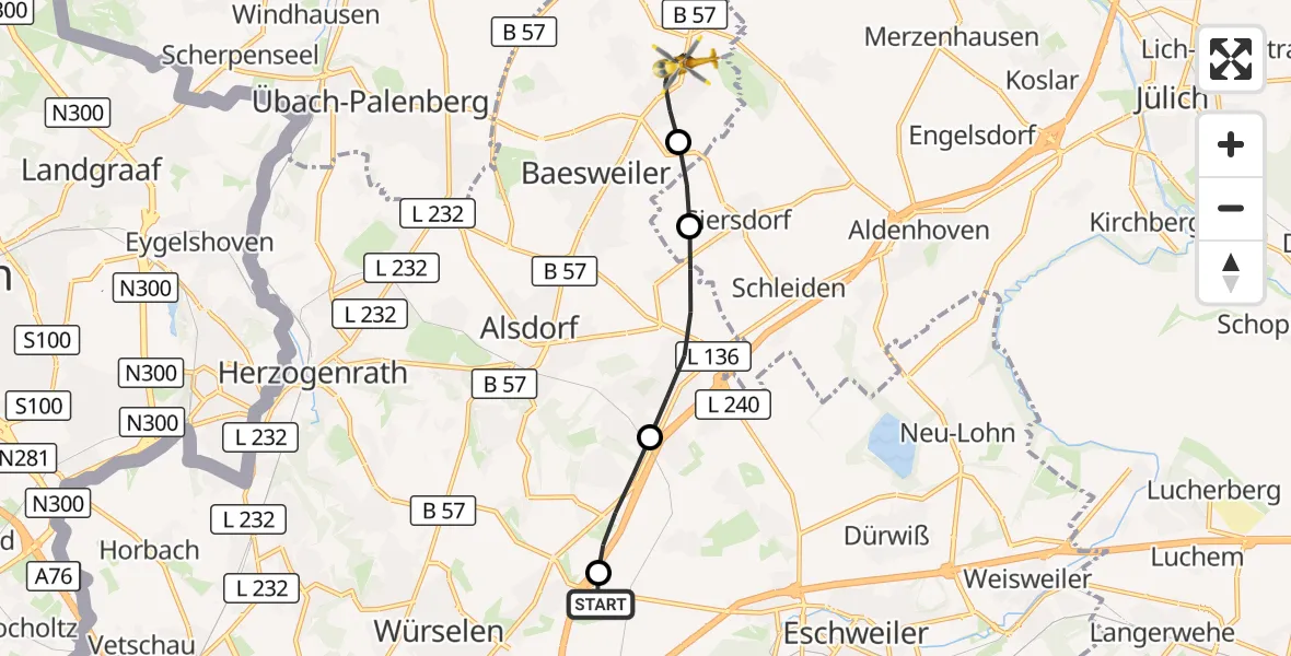 Flugroute Rettungshubschrauber Aachen-Merzbrück Flughafen - Baesweiler, 01 September 2026, 14:36