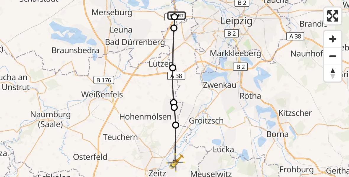 Flugroute Rettungshubschrauber ADAC Air Rescue Station Leipzig/Schkeuditz-Dölzig Hubschrauberlandeplatz (Christoph 61) - Elsteraue, 01 September 2026, 14:36