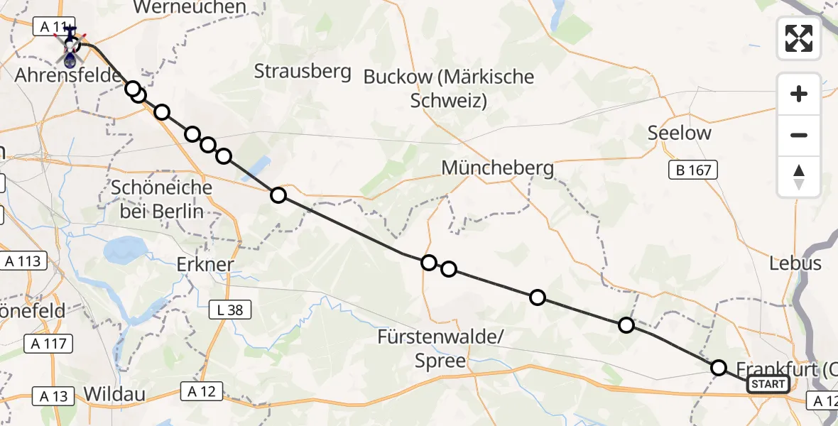 Flugroute Polizeihubschrauber Frankfurt (Oder) - Ahrensfelde Hubschrauberlandeplatz, 01 September 2026, 14:38