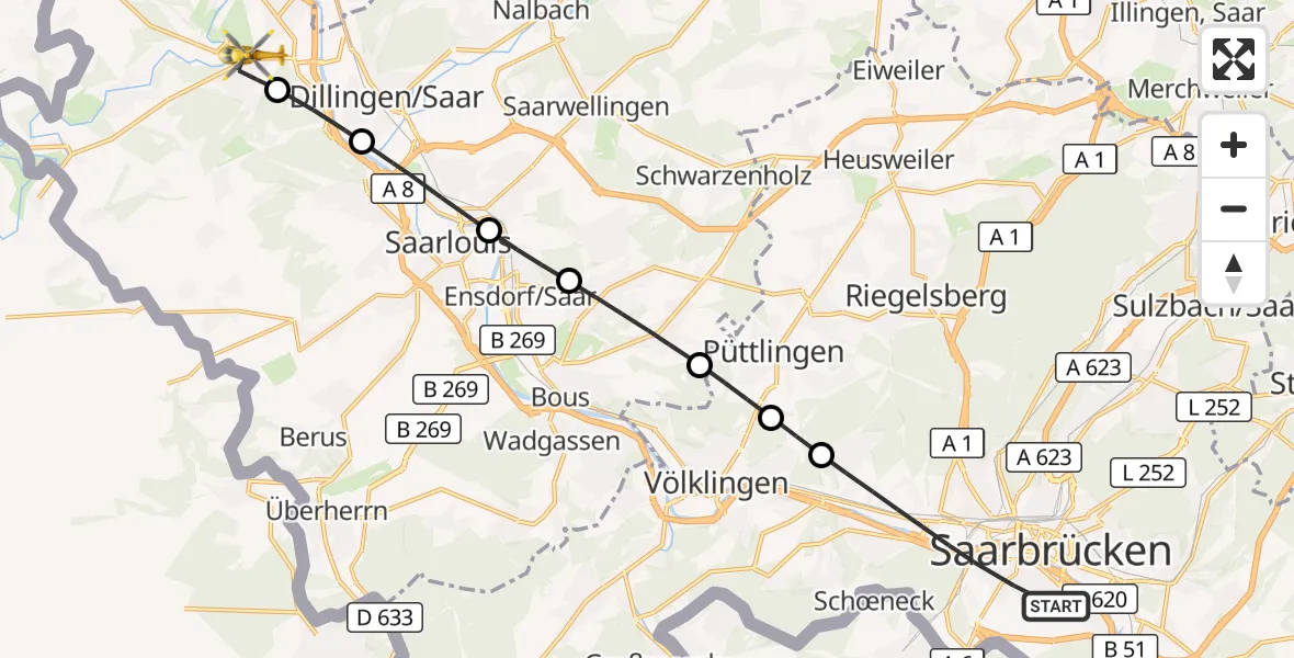 Flugroute Rettungshubschrauber Saarbrücken - Rehlingen-Siersburg, 01 September 2026, 14:39
