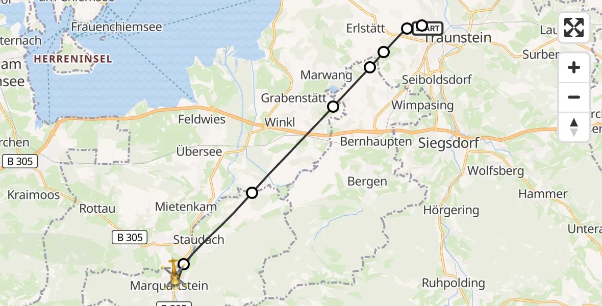 Flugroute Rettungshubschrauber Traunstein Hospital - Marquartstein, 01 September 2026, 15:00