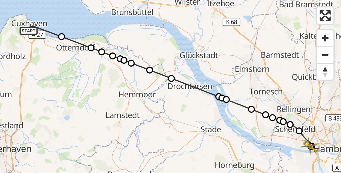 Flugroute Rettungshubschrauber Cuxhaven - Asklepios Hospital Altona, 01 September 2026, 15:03