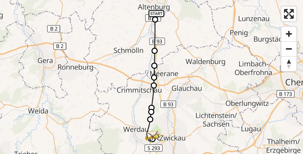 Flugroute Rettungshubschrauber Altenburg - ADAC Air Rescue Station Zwickau Hubschrauberlandeplatz, 01 September 2026, 15:04