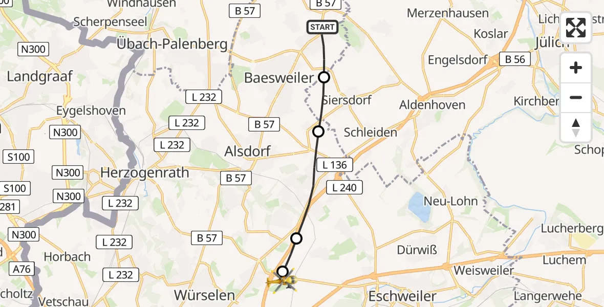 Flugroute Rettungshubschrauber Baesweiler - Aachen-Merzbrück Flughafen, 01 September 2026, 15:04