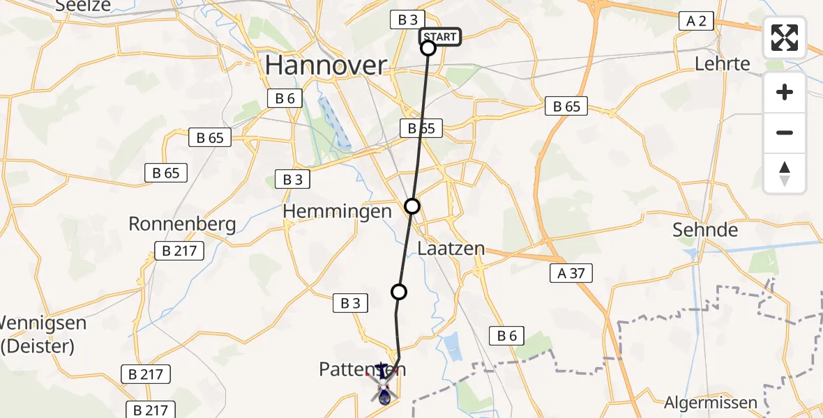 Flugroute Polizeihubschrauber Hannover Luftrettung Hubschrauberlandeplatz (Christoph 4) - Pattensen, 01 September 2026, 15:06