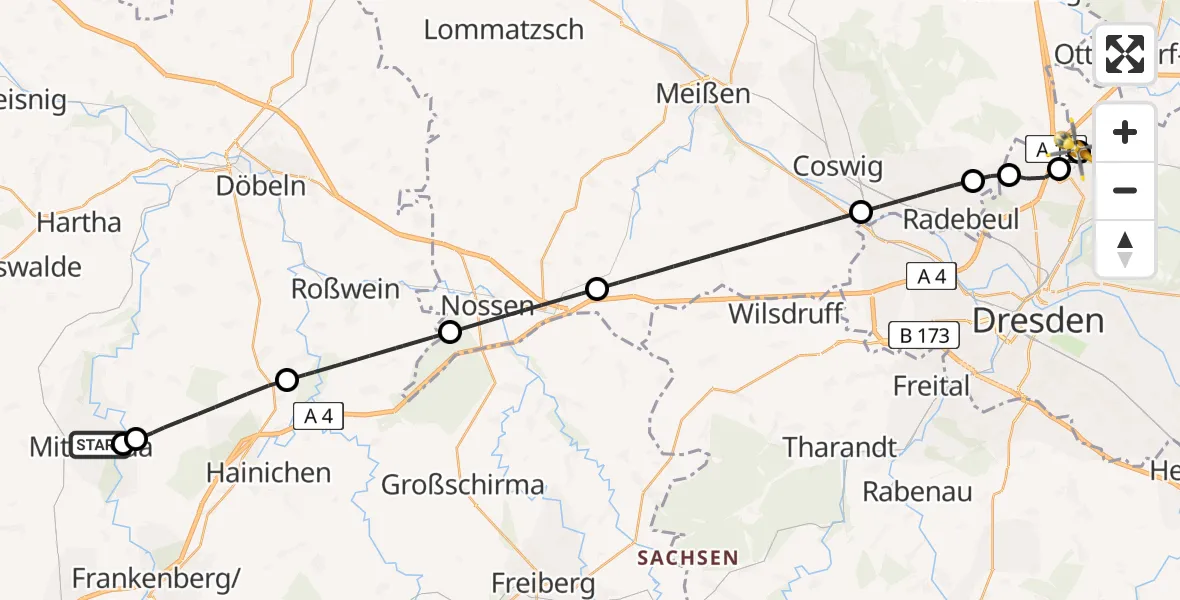 Flugroute Rettungshubschrauber Schützenplatz Notfall-Hubschrauberlandeplatz - Dresden Bundespolizei Hubschrauberlandeplatz, 01 September 2026, 15:09