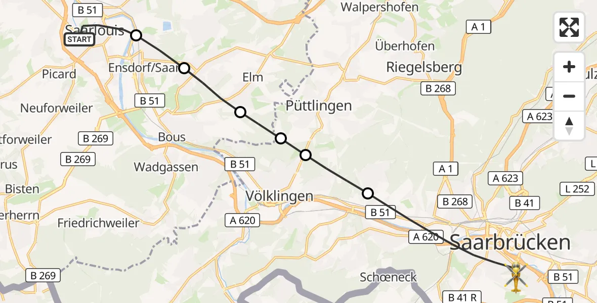 Flugroute Rettungshubschrauber Saarlouis - Saarbrücken, 01 September 2026, 15:34