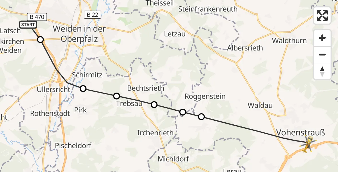 Flugroute Ambulanzhubschrauber Weiden in der Oberpfalz Flugplatz - Vohenstrauß, 01 September 2026, 15:34